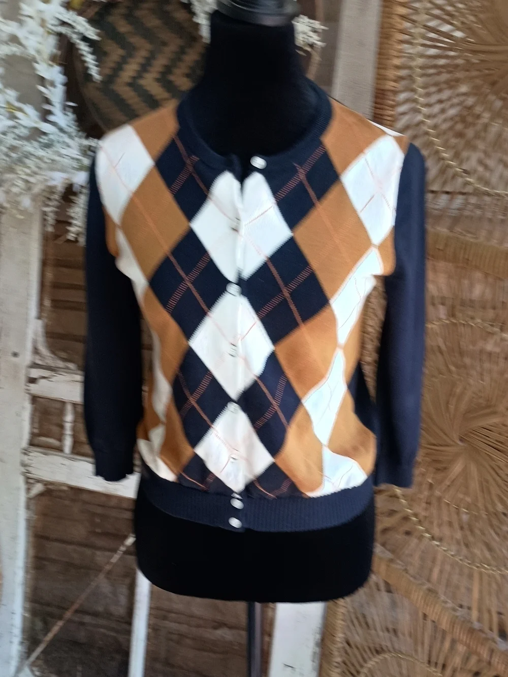 Vintage J. Crew 100% Cotton Navy, Camel and White Argyle Cardigan Sweater_XS